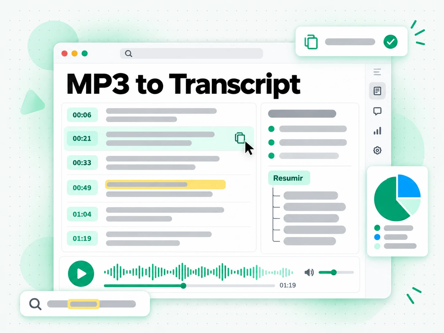 MP3 to Transcript en la interfaz paso a paso de transcript.im