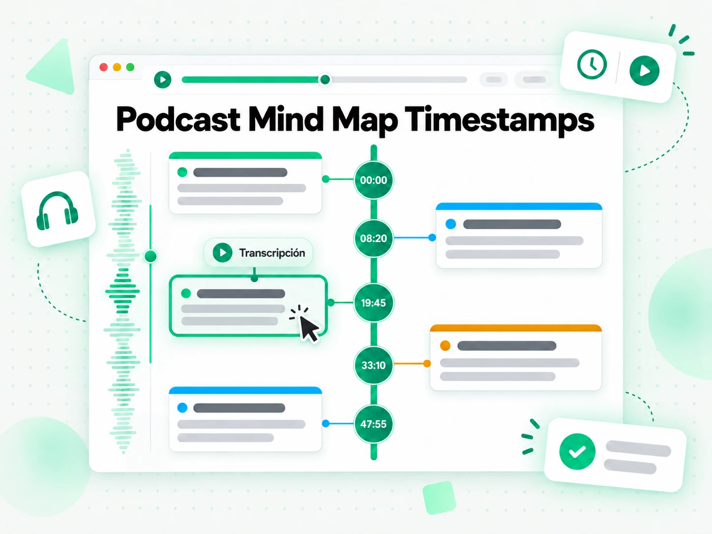 Podcast Mind Map Timestamps con nodos organizados por tema