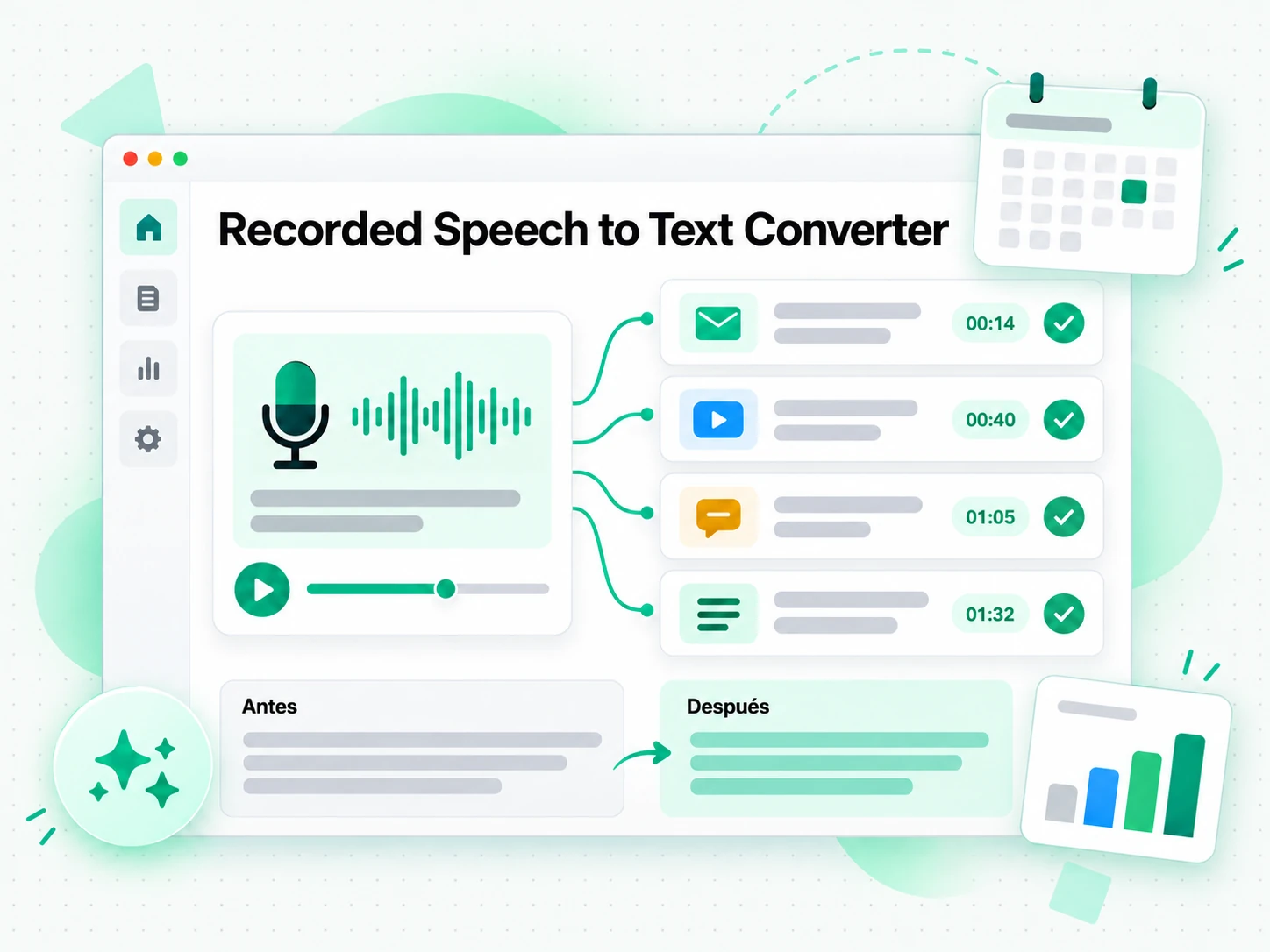 Recorded Speech to Text Converter en la interfaz paso a paso de transcript.im