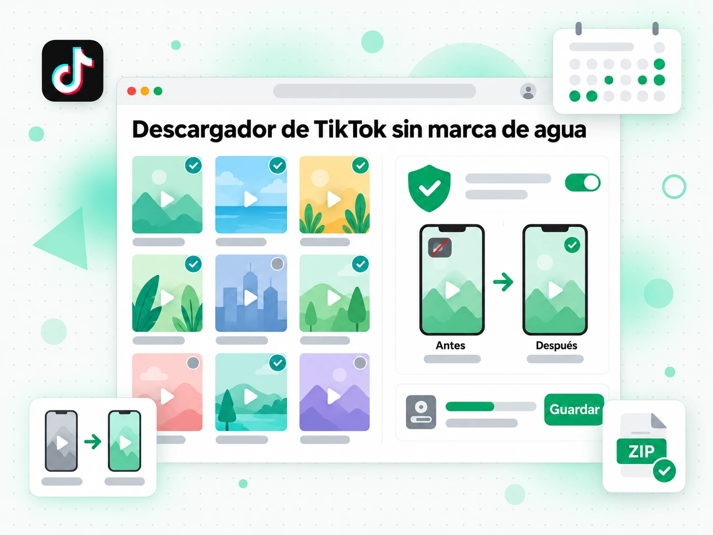 Descargador de TikTok sin marca de agua: pantalla con el enlace pegado y el archivo listo para guardar