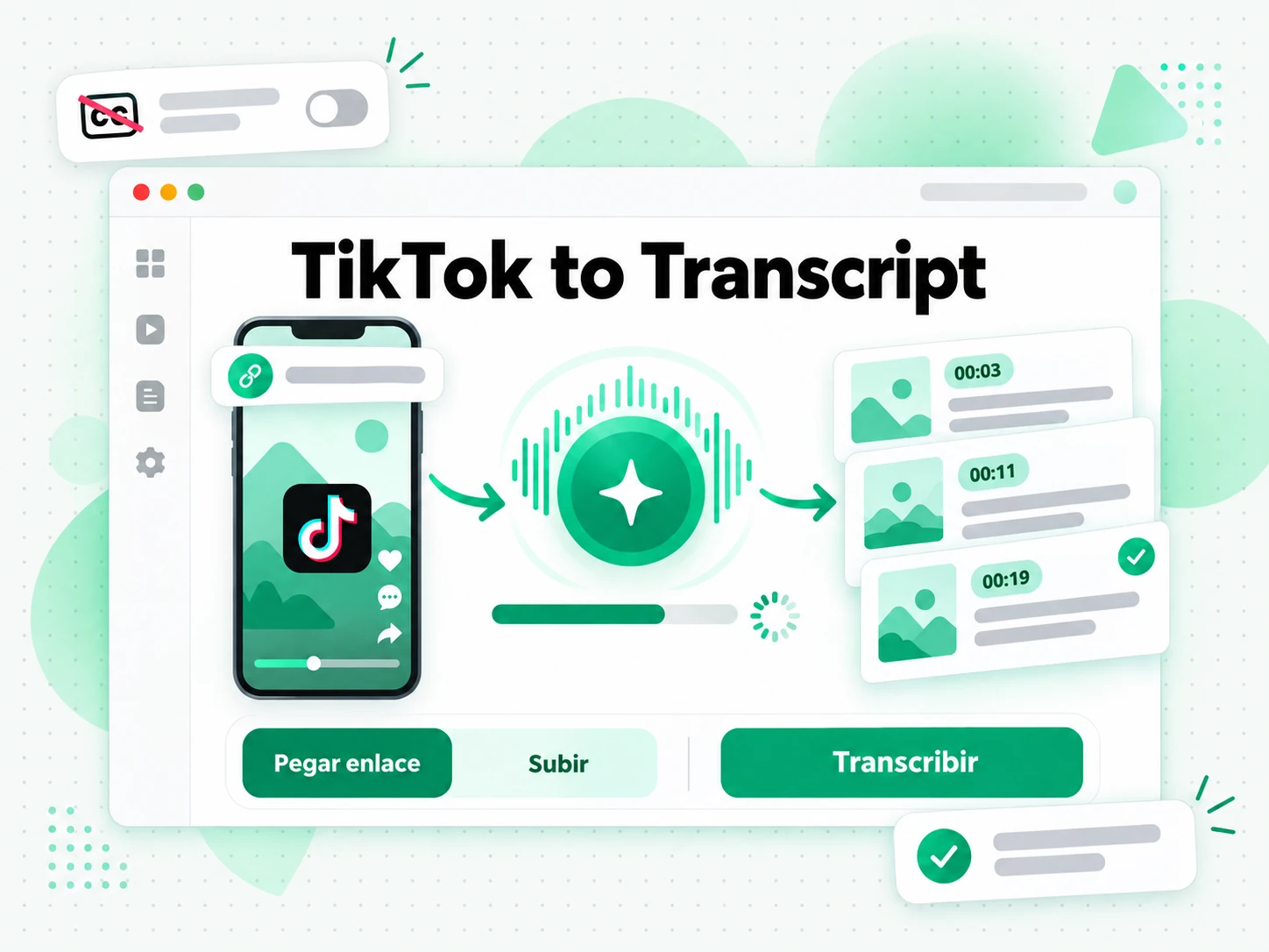 TikTok to Transcript en la interfaz paso a paso de transcript.im