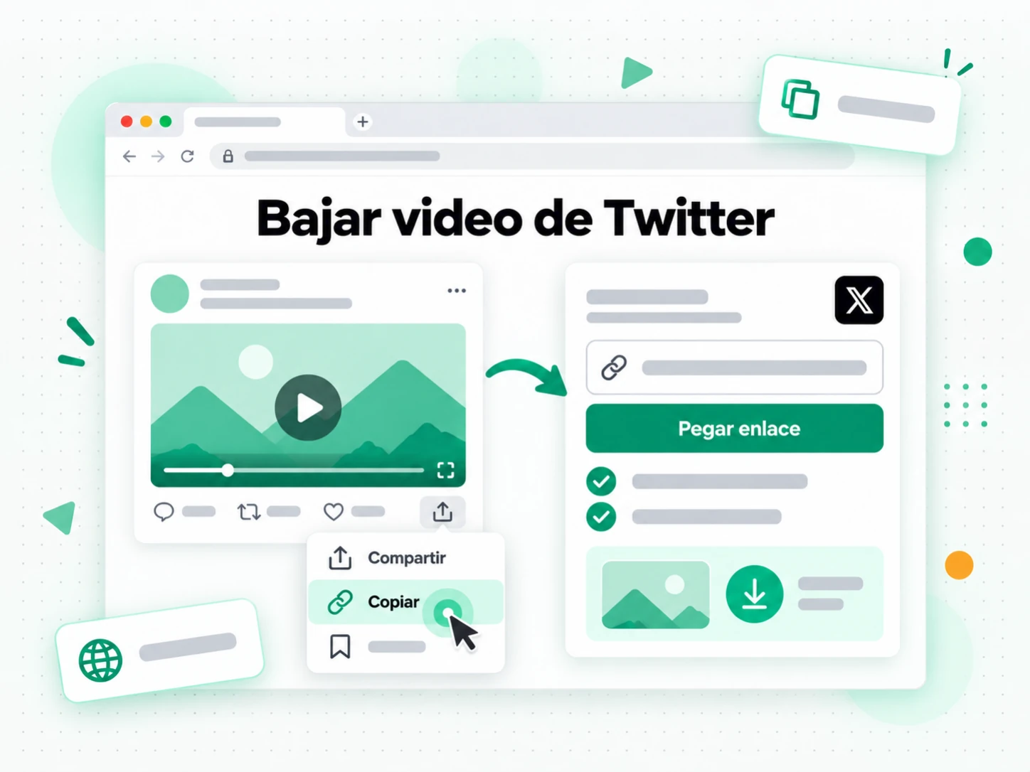Bajar video de Twitter: pantalla con el enlace pegado y el archivo listo para guardar