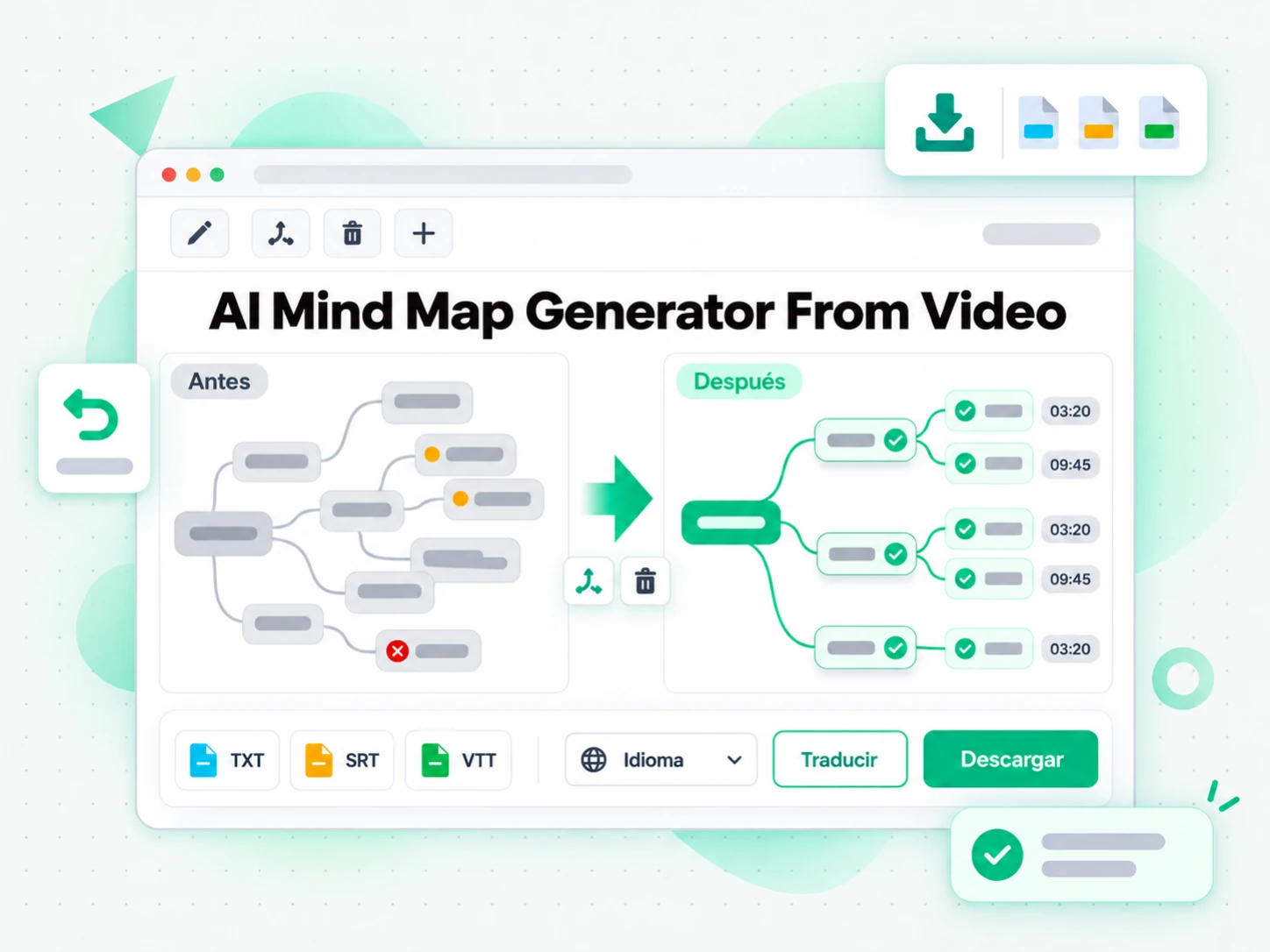 AI Mind Map Generator From Video en la interfaz paso a paso de transcript.im