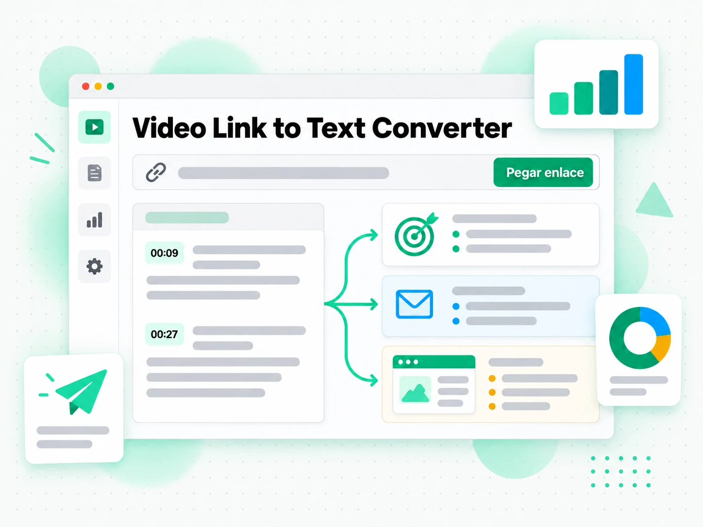 Video Link to Text Converter en la interfaz paso a paso de transcript.im