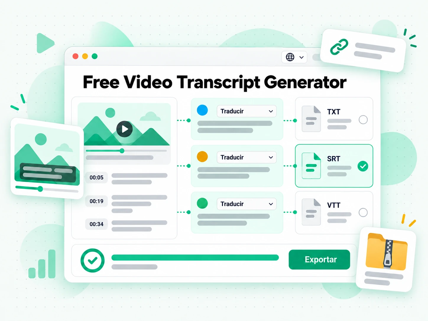 Free Video Transcript Generator en la interfaz paso a paso de transcript.im
