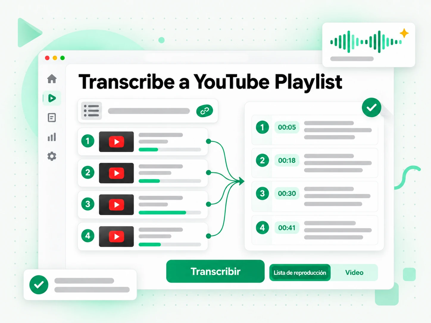 Transcribe a YouTube Playlist en la interfaz paso a paso de transcript.im