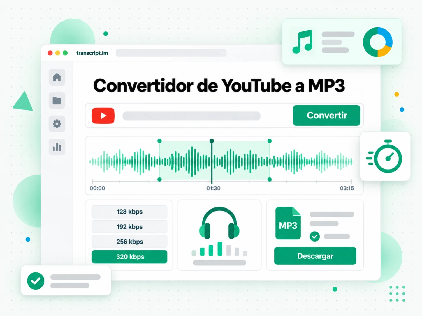 Convertidor de YouTube a MP3 mostrado en la interfaz de transcript.im