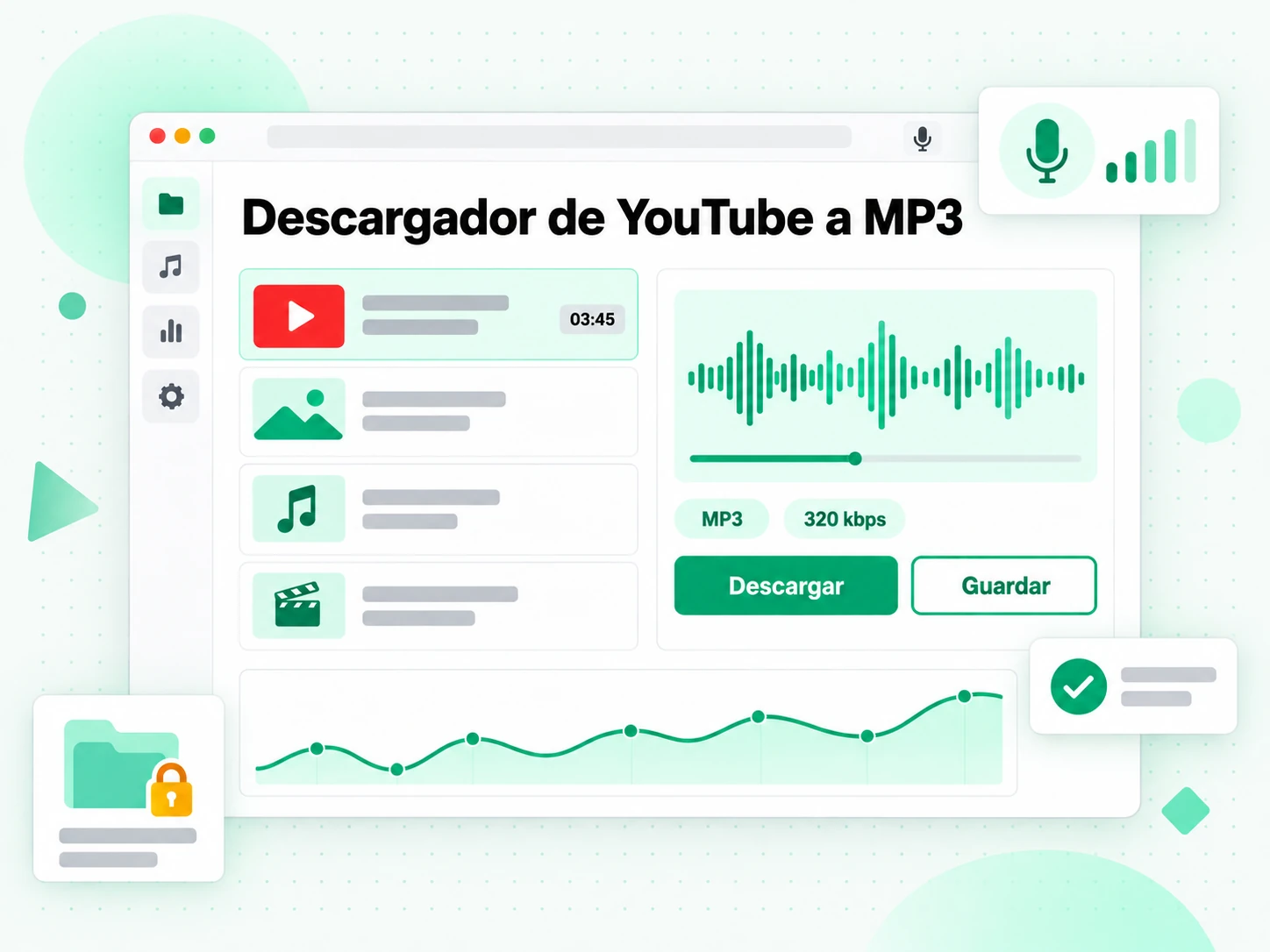 Descargador de YouTube a MP3: pantalla con el enlace pegado y el archivo listo para guardar