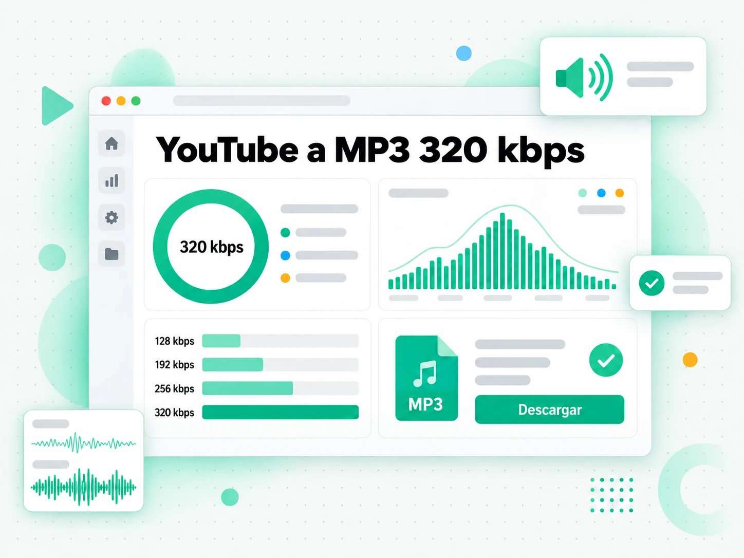 YouTube a MP3 320 kbps en la interfaz paso a paso de transcript.im