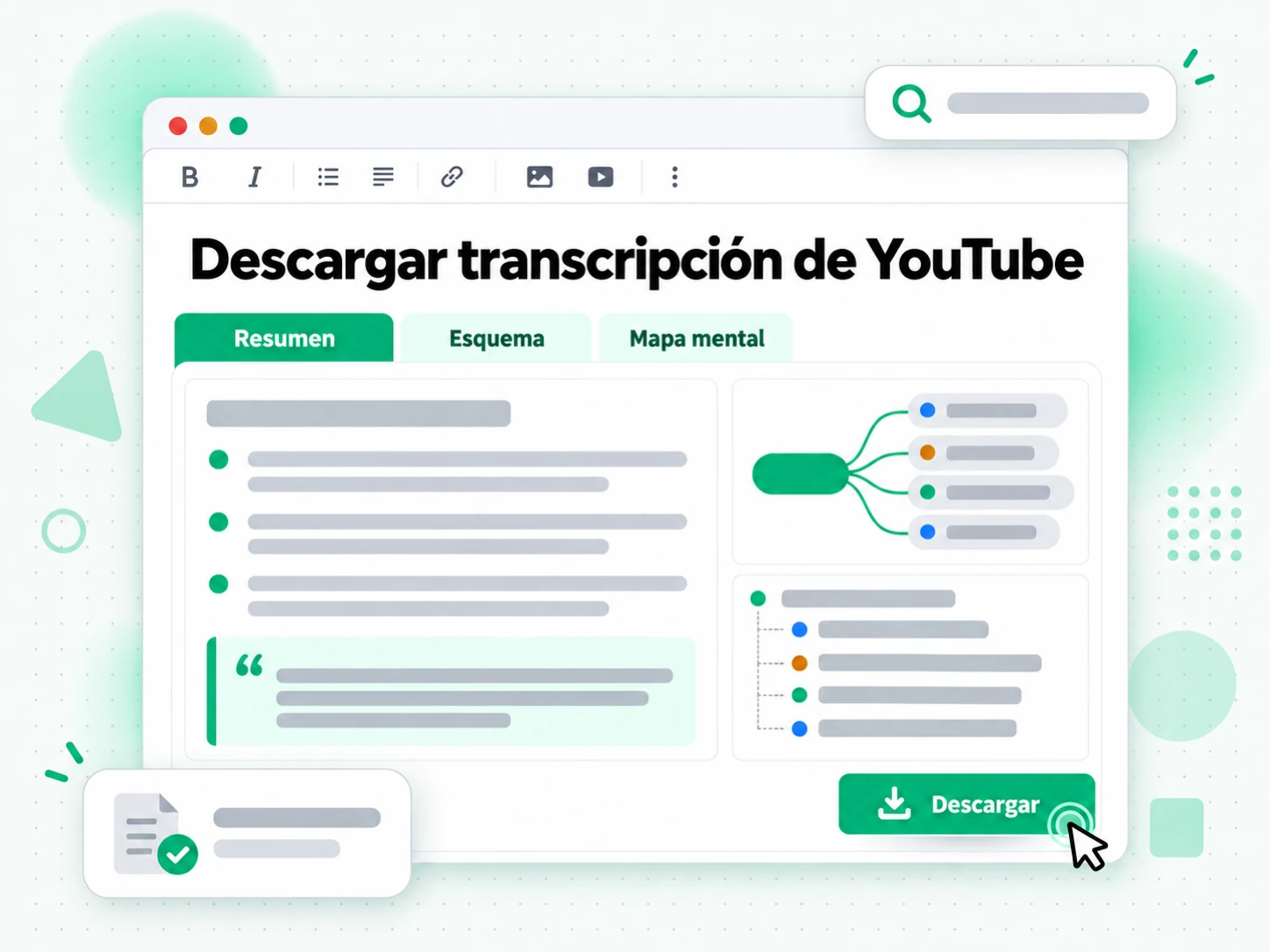 Descargar transcripción de YouTube: pantalla con el enlace pegado y el archivo listo para guardar