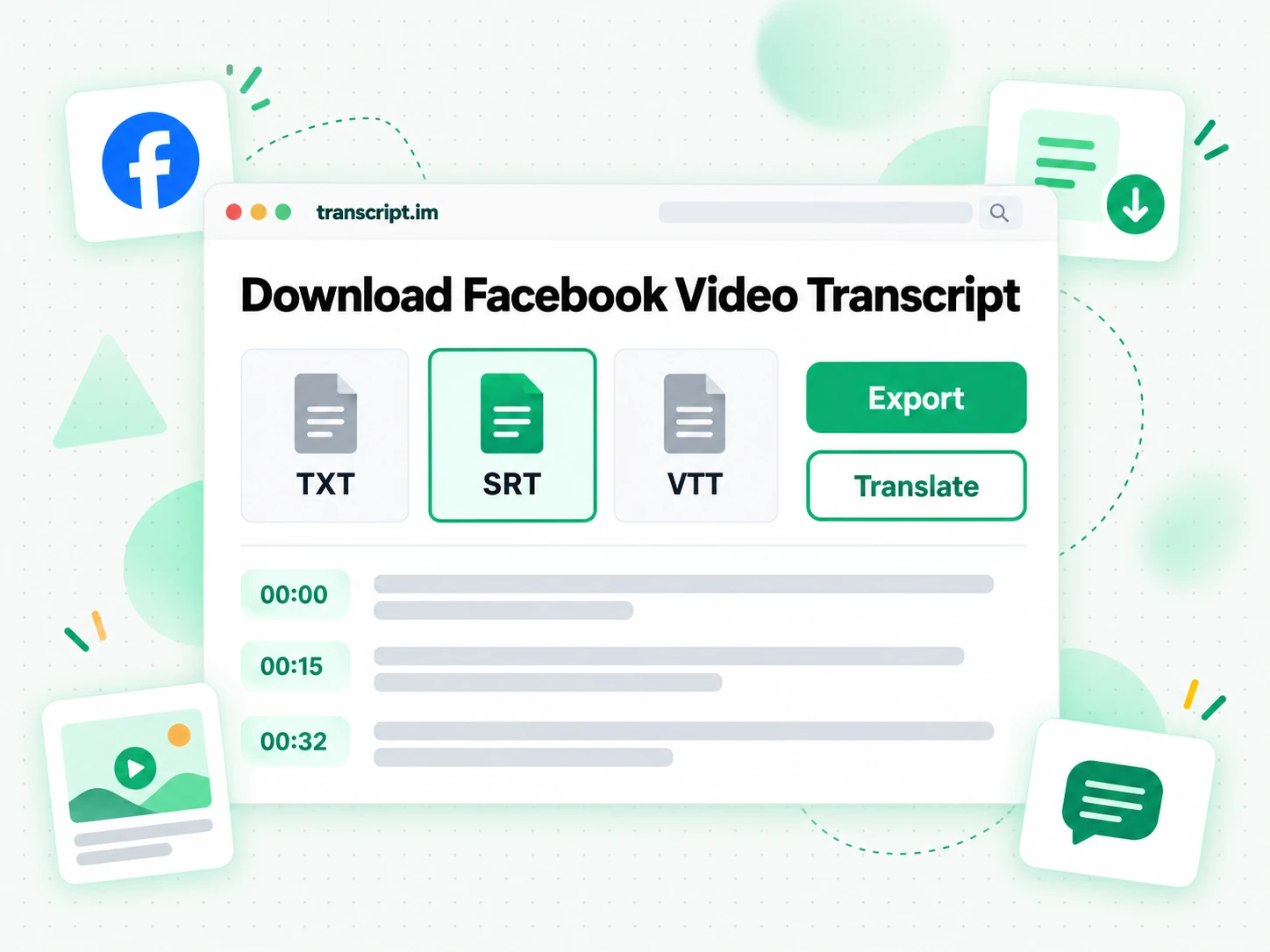 Download Facebook Video Transcript: exporting the text as TXT, SRT, or VTT and translating it