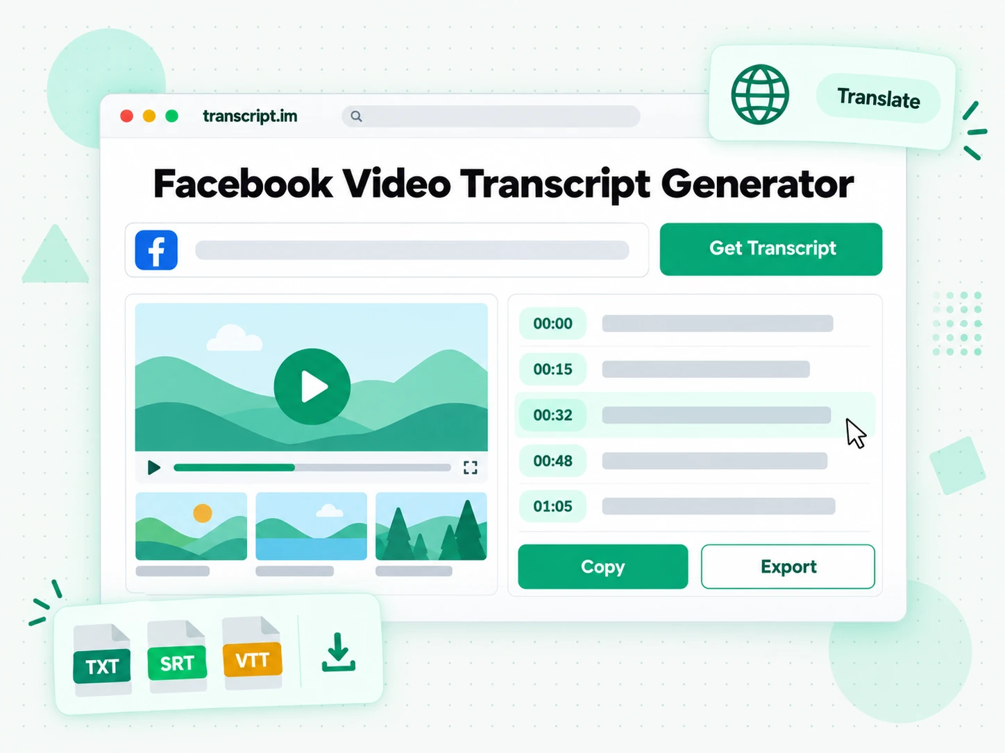 Facebook video transcript generator turning a public Facebook video into a timestamped transcript