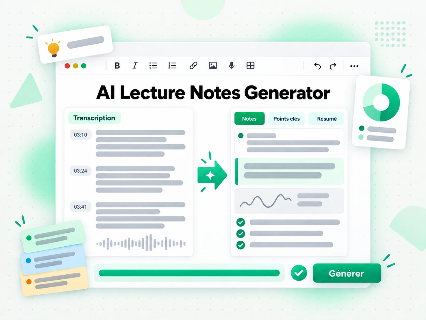 AI Lecture Notes Generator transformant une transcription en fiches de révision