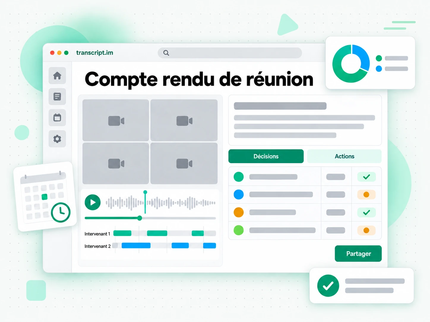 Compte rendu de réunion généré à partir d'un enregistrement, avec notes et actions à mener