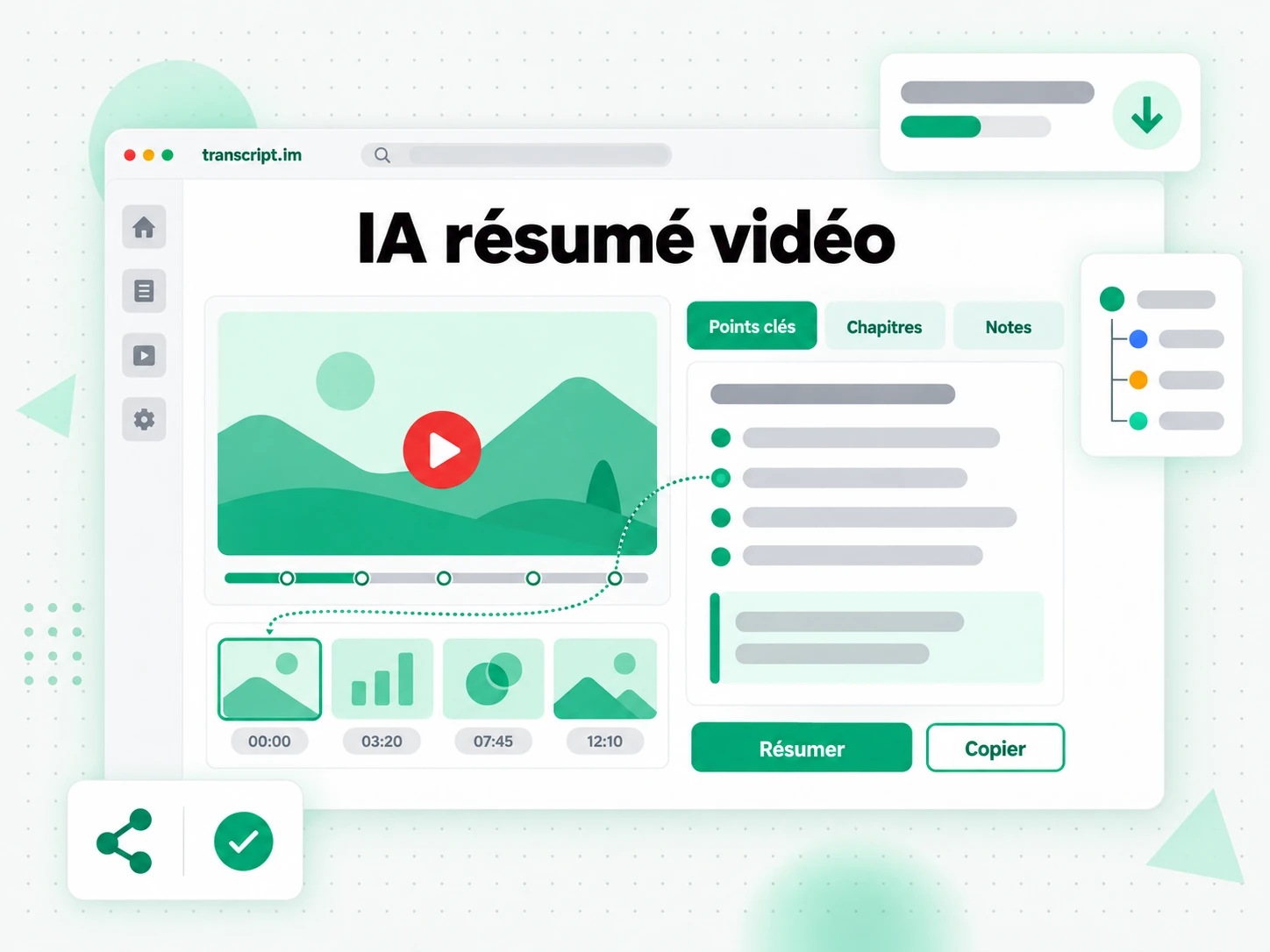 IA résumé vidéo transformant une vidéo en résumé structuré des points clés