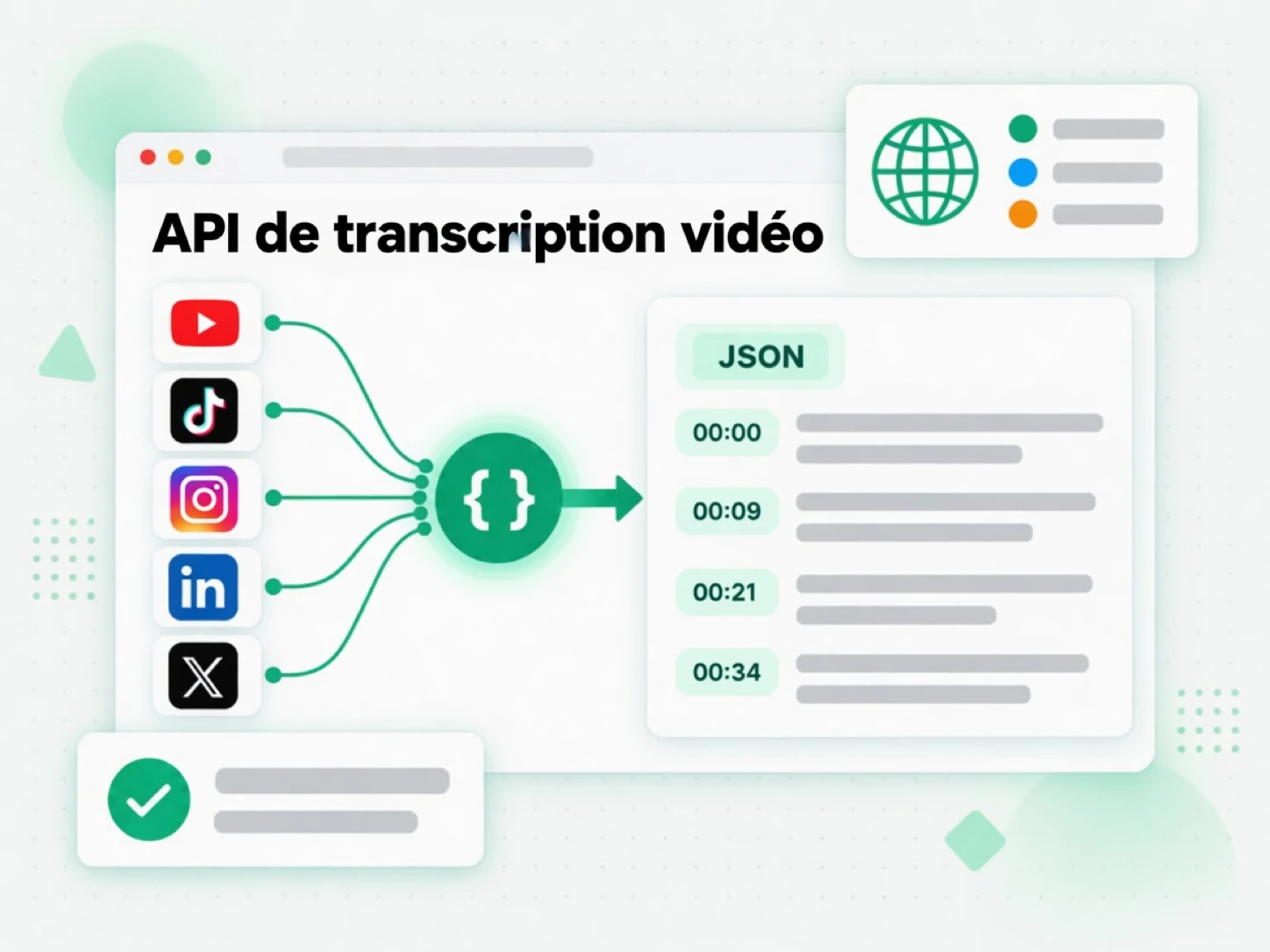 API de transcription vidéo : une API qui relie YouTube, TikTok, Instagram, LinkedIn et X à des transcriptions horodatées