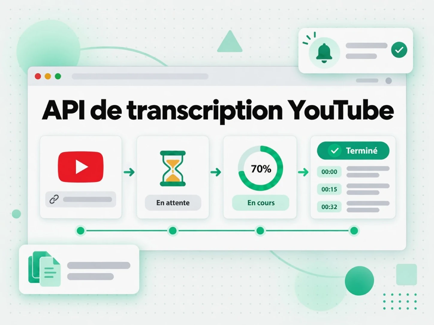 API de transcription YouTube : un lien YouTube passe de la file d'attente à une transcription terminée
