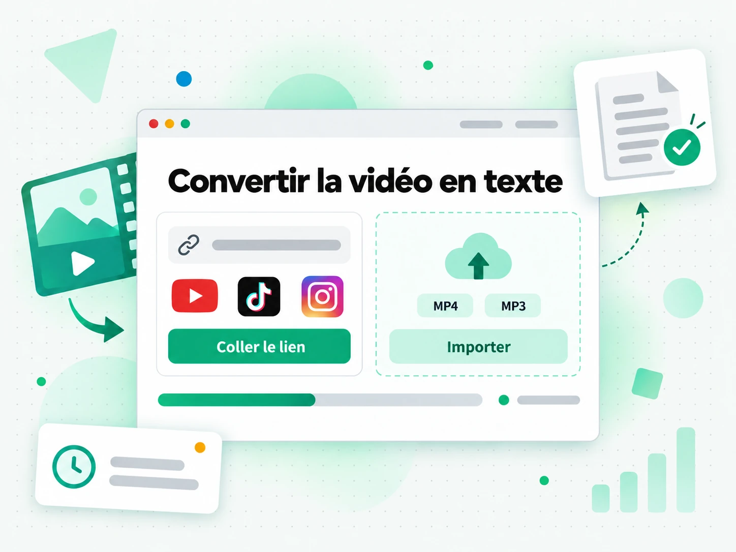 Convertir la vidéo en texte : coller un lien vidéo ou importer un fichier pour lancer la transcription