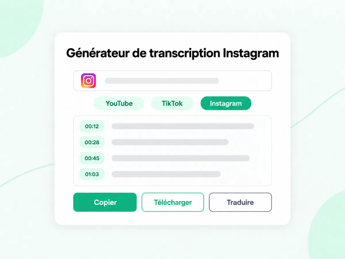 Générateur de transcription Instagram qui transforme un lien Instagram en texte horodaté