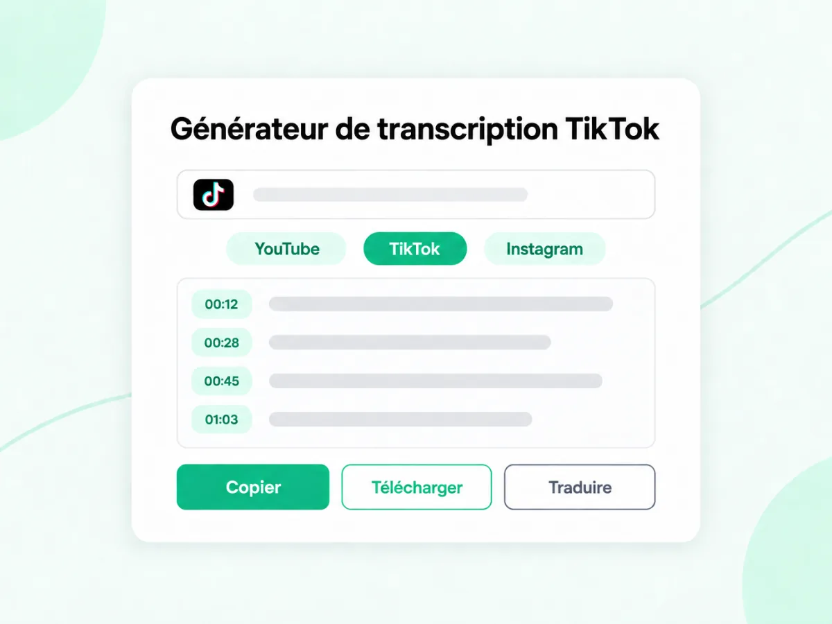 Générateur de transcription TikTok qui transforme un lien TikTok en texte horodaté