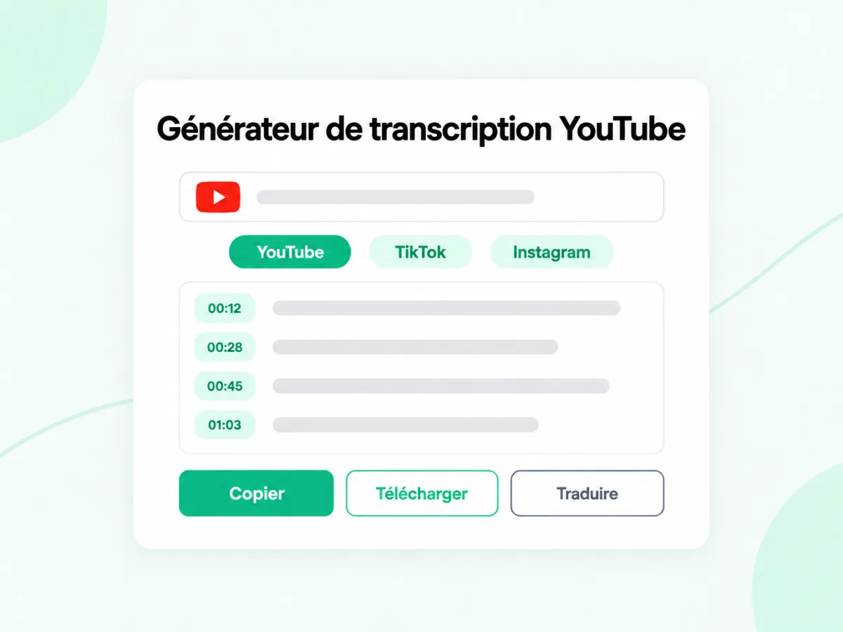 Générateur de transcription YouTube qui transforme un lien YouTube en texte horodaté