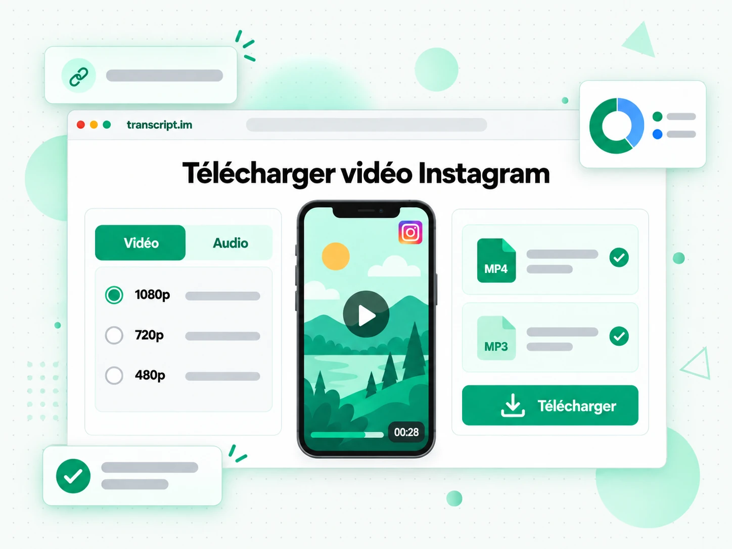 Télécharger vidéo Instagram avec onglets de format MP3 et MP4 et bouton de téléchargement