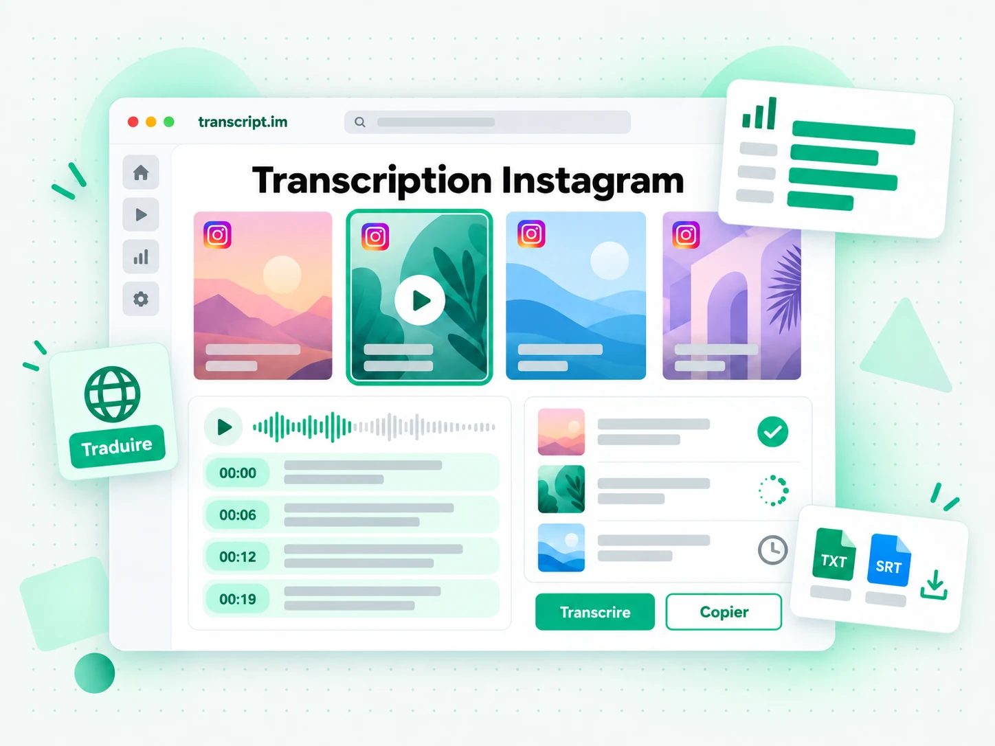 Transcription Instagram transformant un reel en transcription horodatée