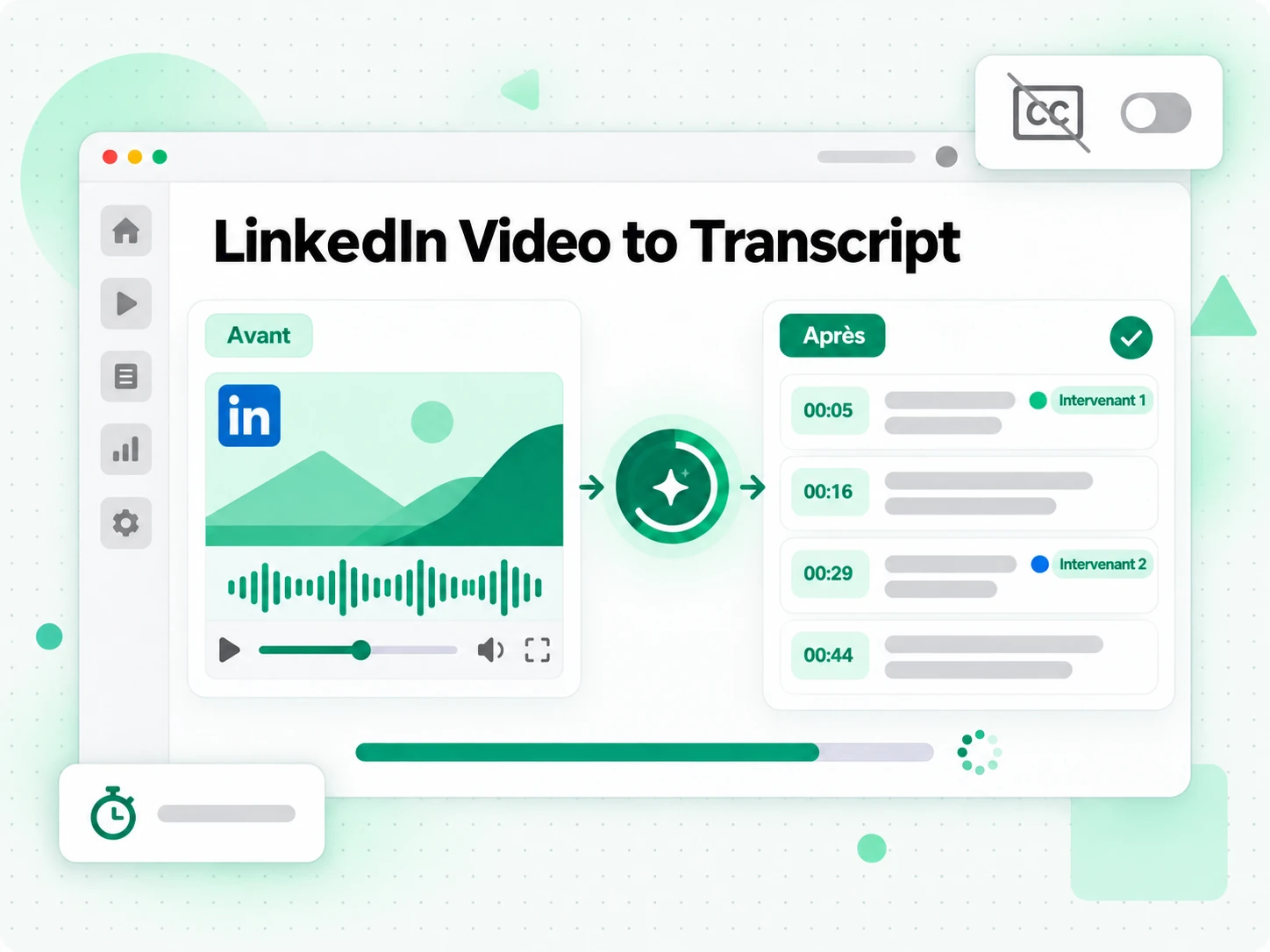 Vidéo LinkedIn en transcription : l'IA transcrit l'audio d'une vidéo LinkedIn en une transcription LinkedIn horodatée