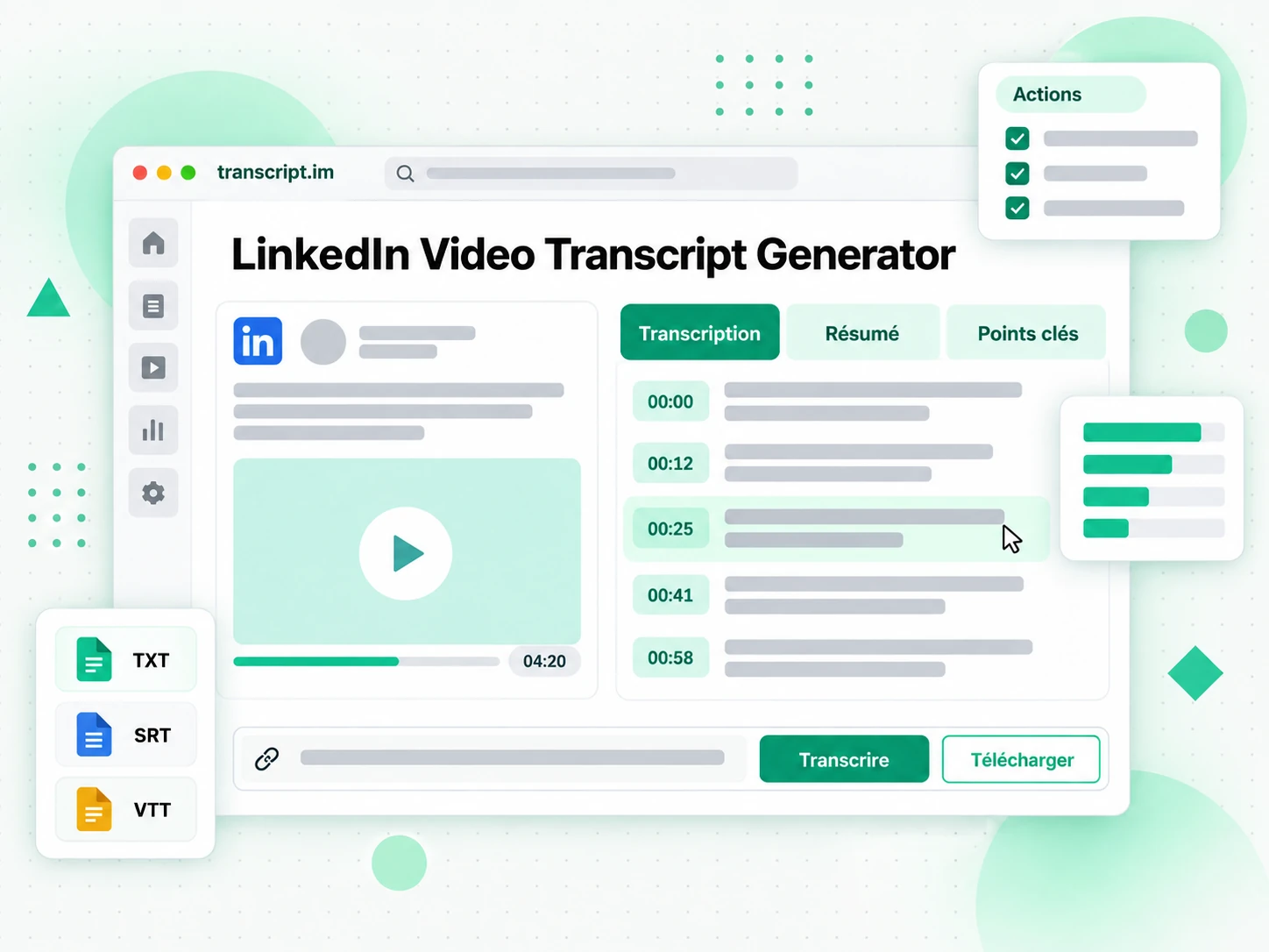 Générateur de transcription vidéo LinkedIn affichant l'URL d'une publication publique et une transcription LinkedIn horodatée