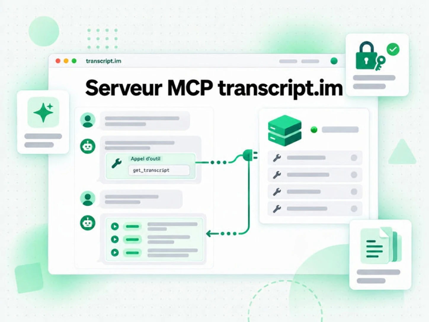 Serveur MCP transcript.im : un client IA appelle l'outil de transcription sur un serveur MCP distant