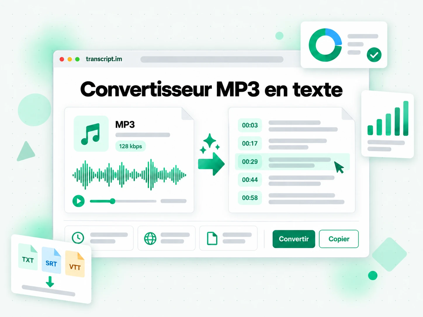 Convertisseur MP3 en texte transformant un fichier importé en texte modifiable et horodaté