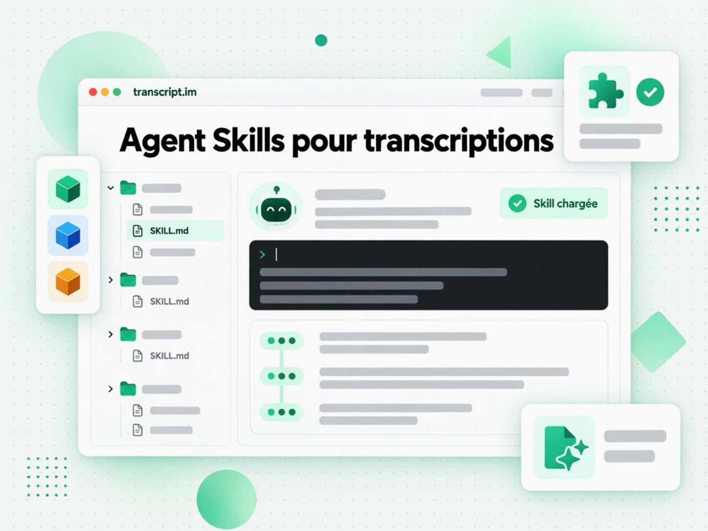Agent Skills pour transcriptions : packs SKILL.md qu'un agent IA charge pour récupérer des transcriptions