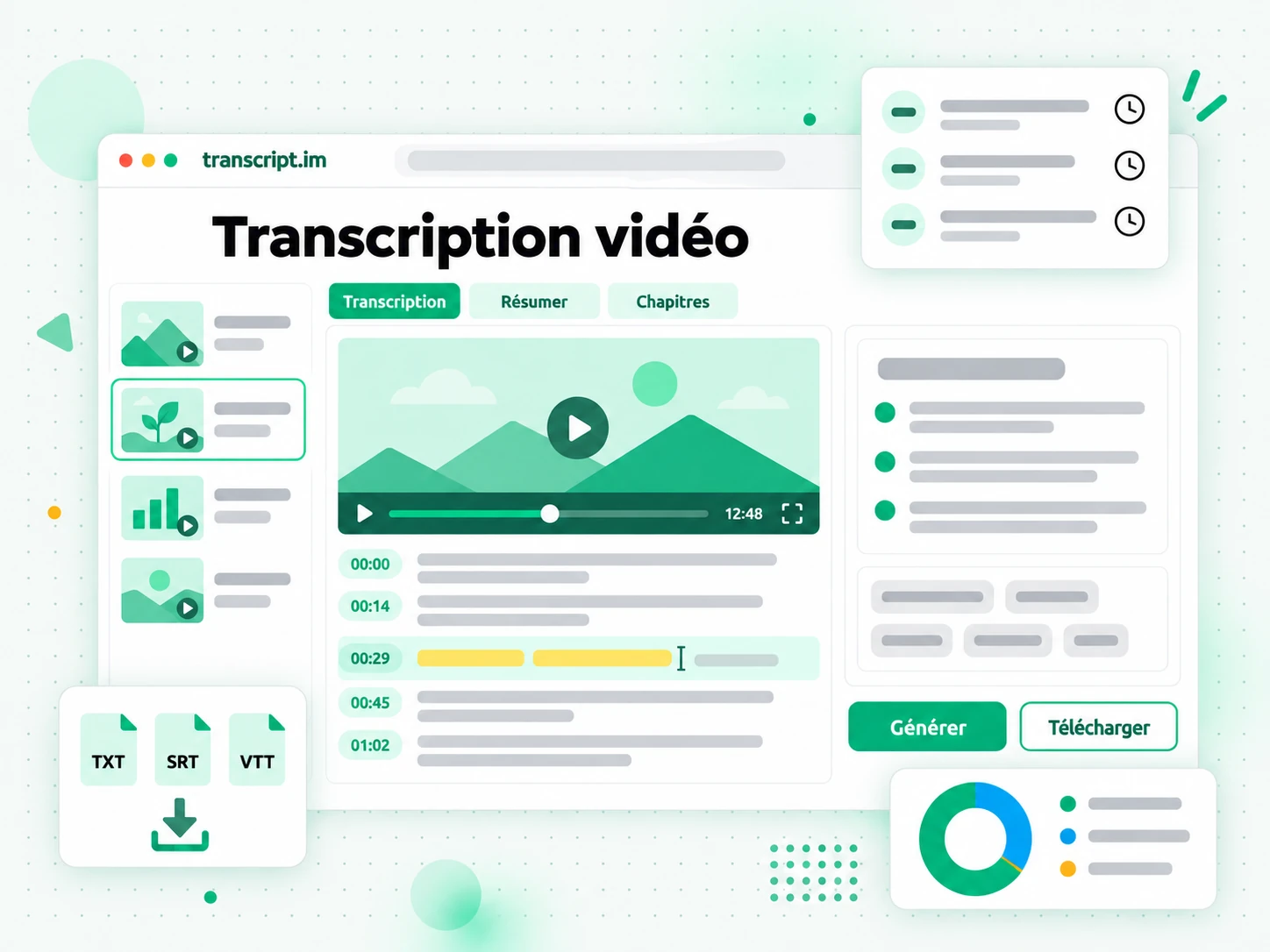 Transcription vidéo à partir d'un fichier importé ou d'un lien, avec horodatage