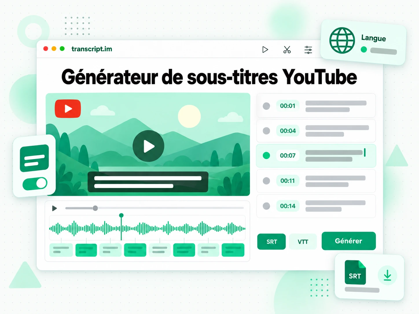 Générateur de sous-titres YouTube produisant des fichiers SRT et VTT horodatés