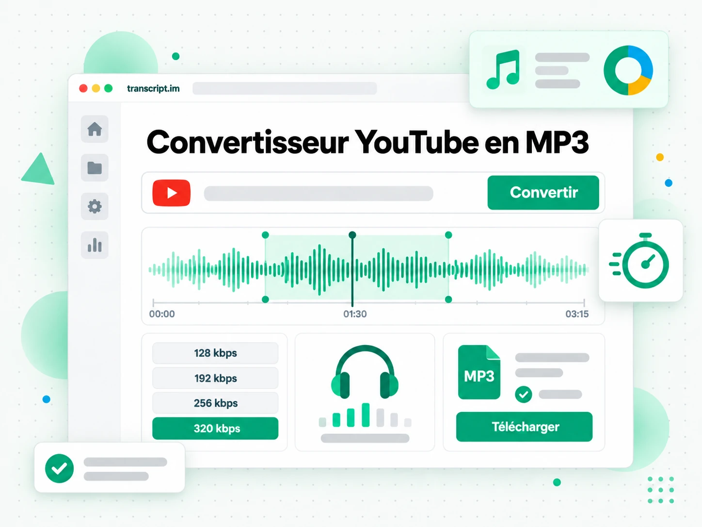 Convertisseur YouTube en MP3 avec lecteur de forme d'onde et sélecteur de débit