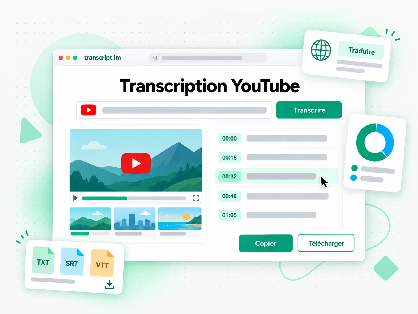 Transcription YouTube transformant une vidéo en texte horodaté