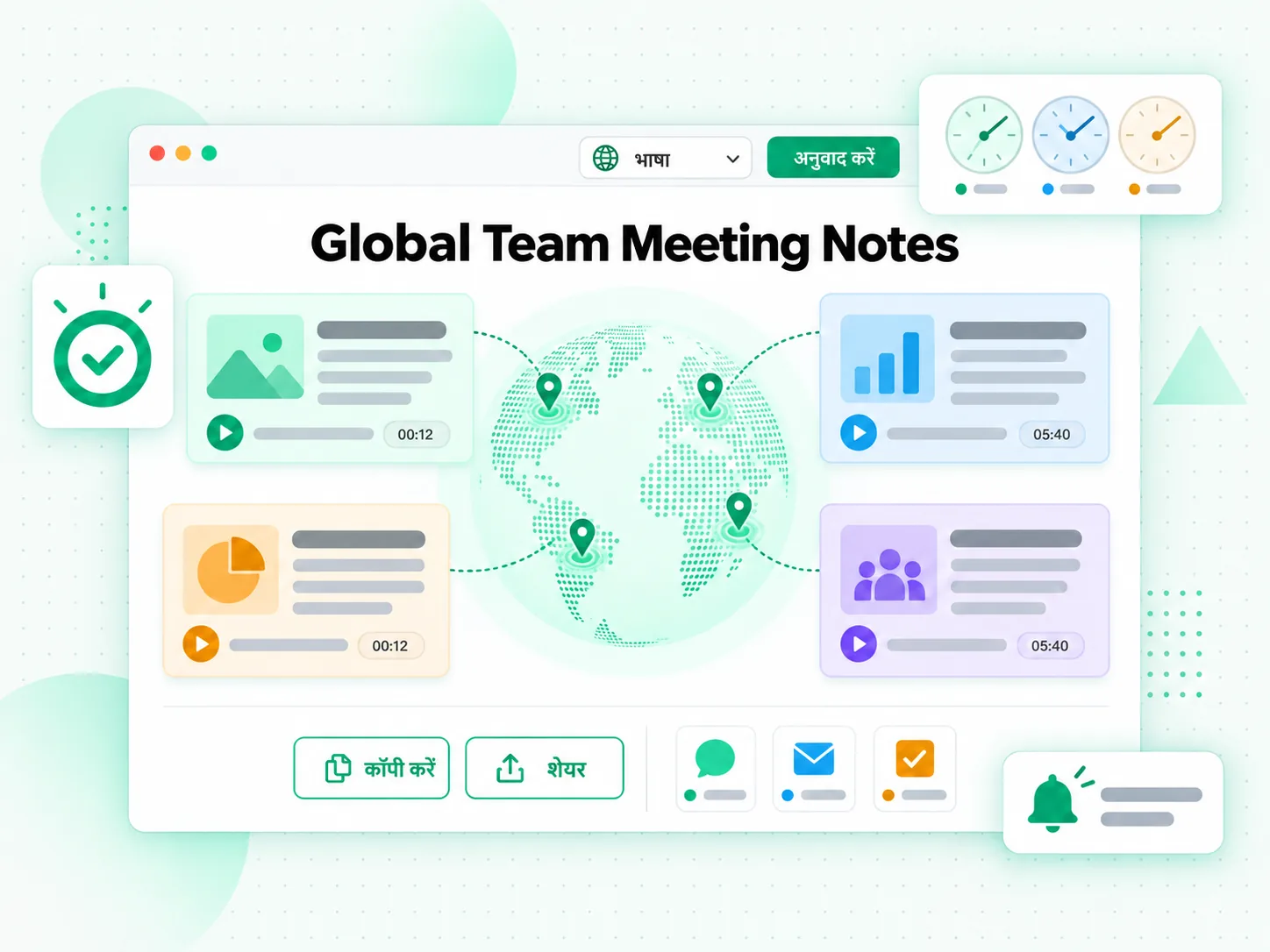 Global Team Meeting Notes: ग्लोबल टीम के लिए मीटिंग नोट्स का ट्रांसलेशन करने का दृश्य