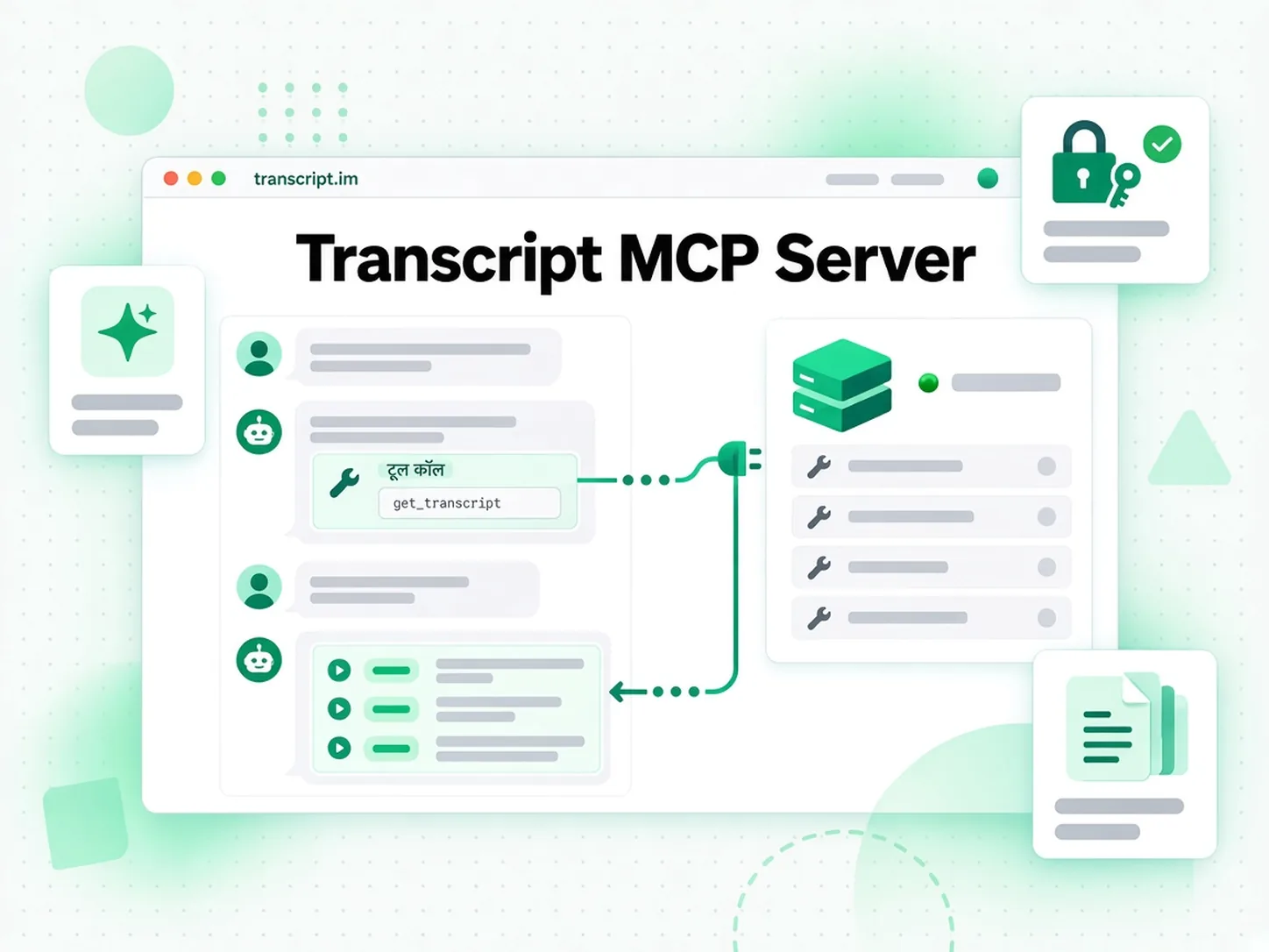 Transcript MCP Server: एक AI क्लाइंट रिमोट MCP सर्वर पर ट्रांसक्रिप्ट टूल कॉल करता है