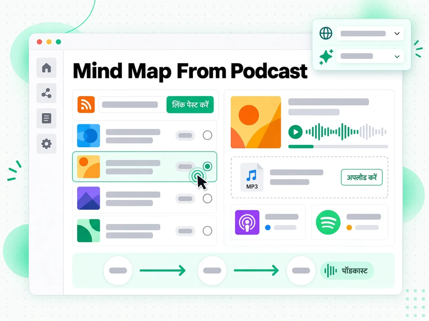 Mind Map From Podcast: पॉडकास्ट एपिसोड को माइंड मैप जनरेटर में अपलोड करते हुए दिखाया गया