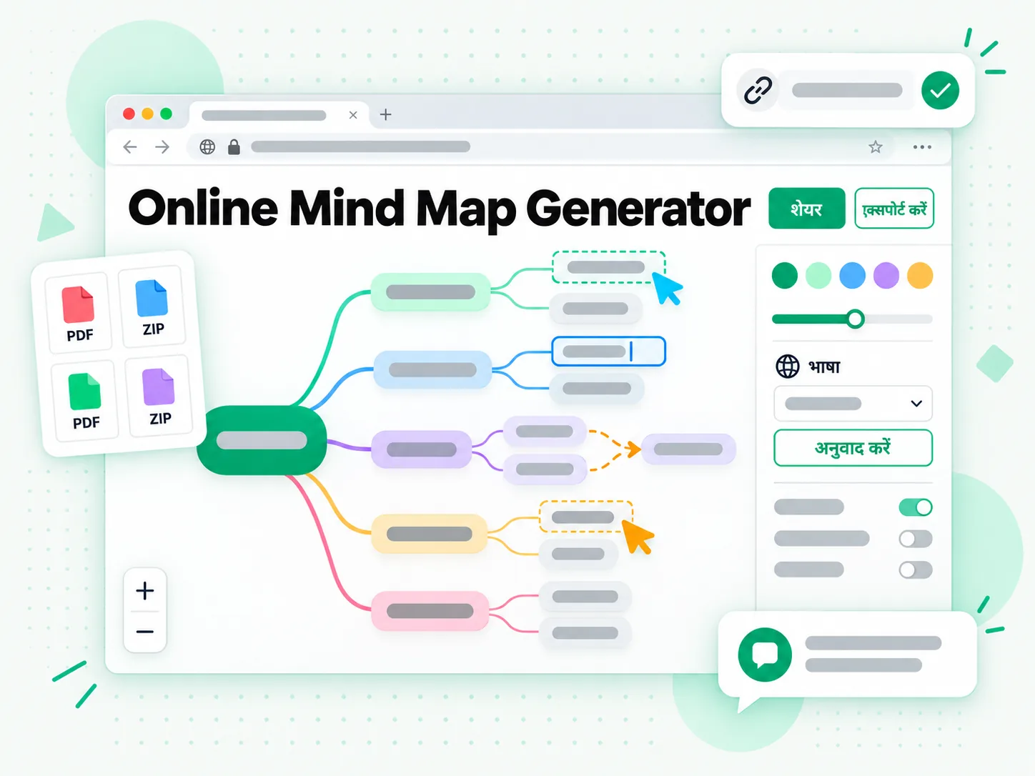 Online Mind Map Generator: पॉडकास्ट माइंड मैप को एडिट करते और एक्सपोर्ट करते हुए दिखाया गया