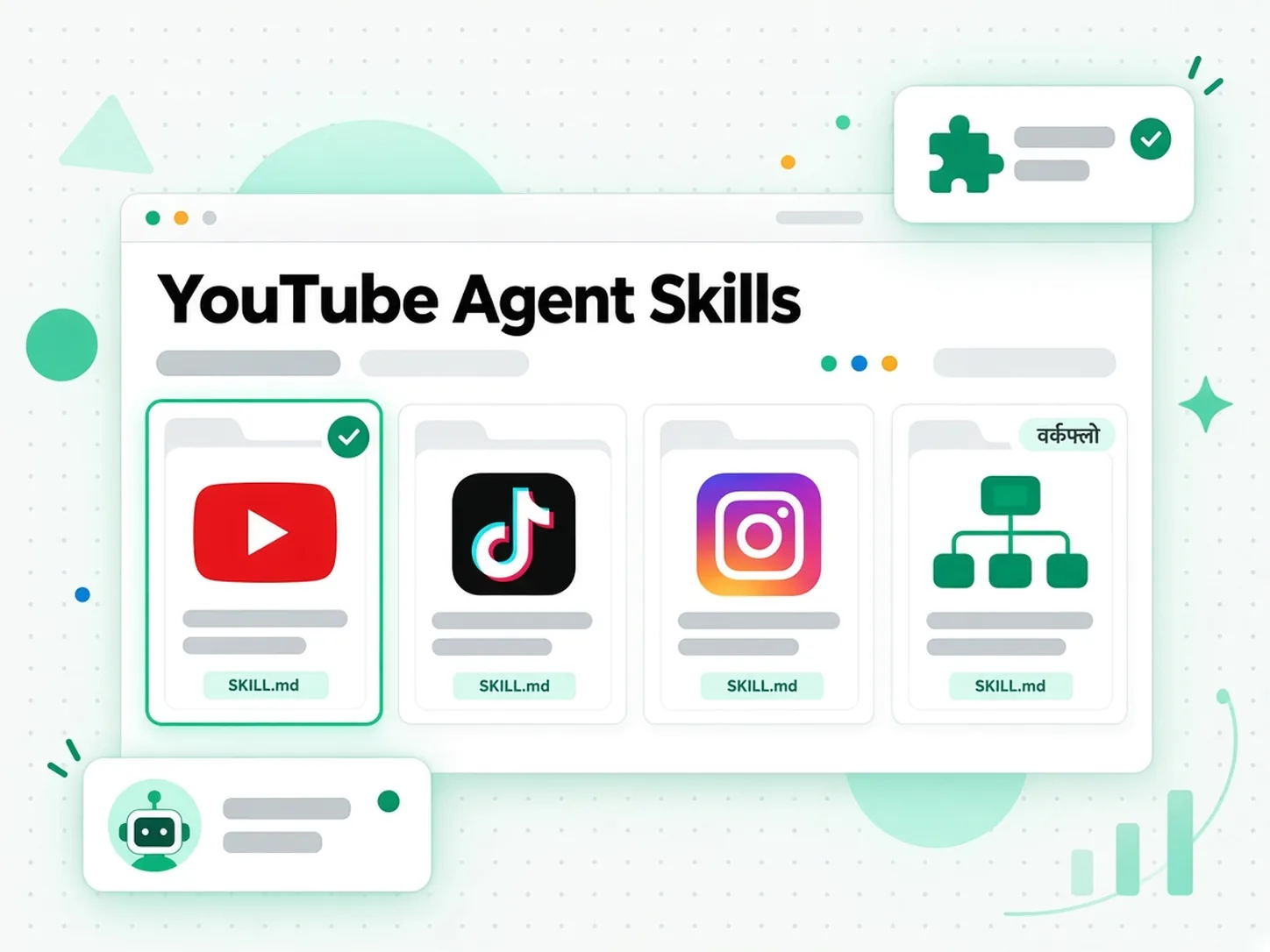 YouTube Agent Skills: YouTube, TikTok, Instagram और वर्कफ़्लो के स्किल पैक
