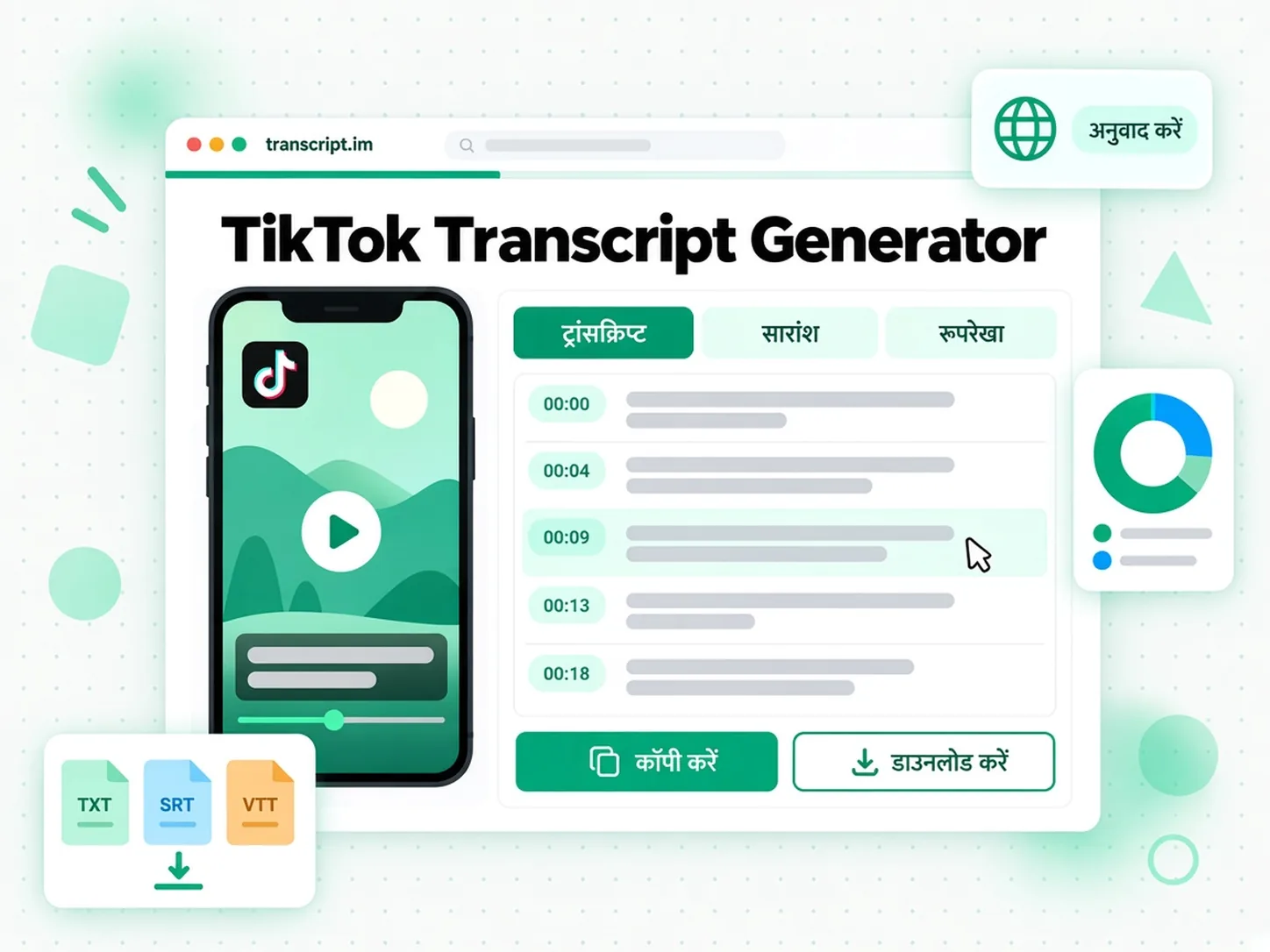 TikTok Transcript Generator: TikTok वीडियो को टाइमस्टैम्प वाले ट्रांसक्रिप्ट में बदलने वाला टूल दिखाया गया है