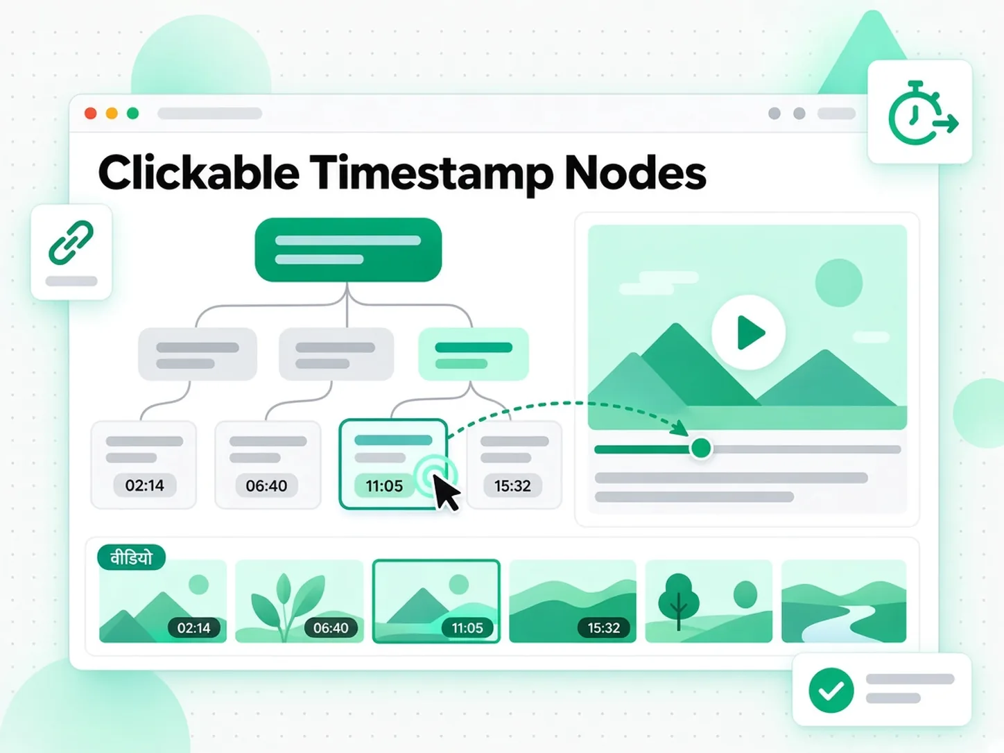 Clickable Timestamp Nodes: वीडियो ट्रांसक्रिप्ट से बना शाखाओं वाला माइंड मैप जिसमें टाइमस्टैम्प नोड्स क्लिक करने योग्य हैं