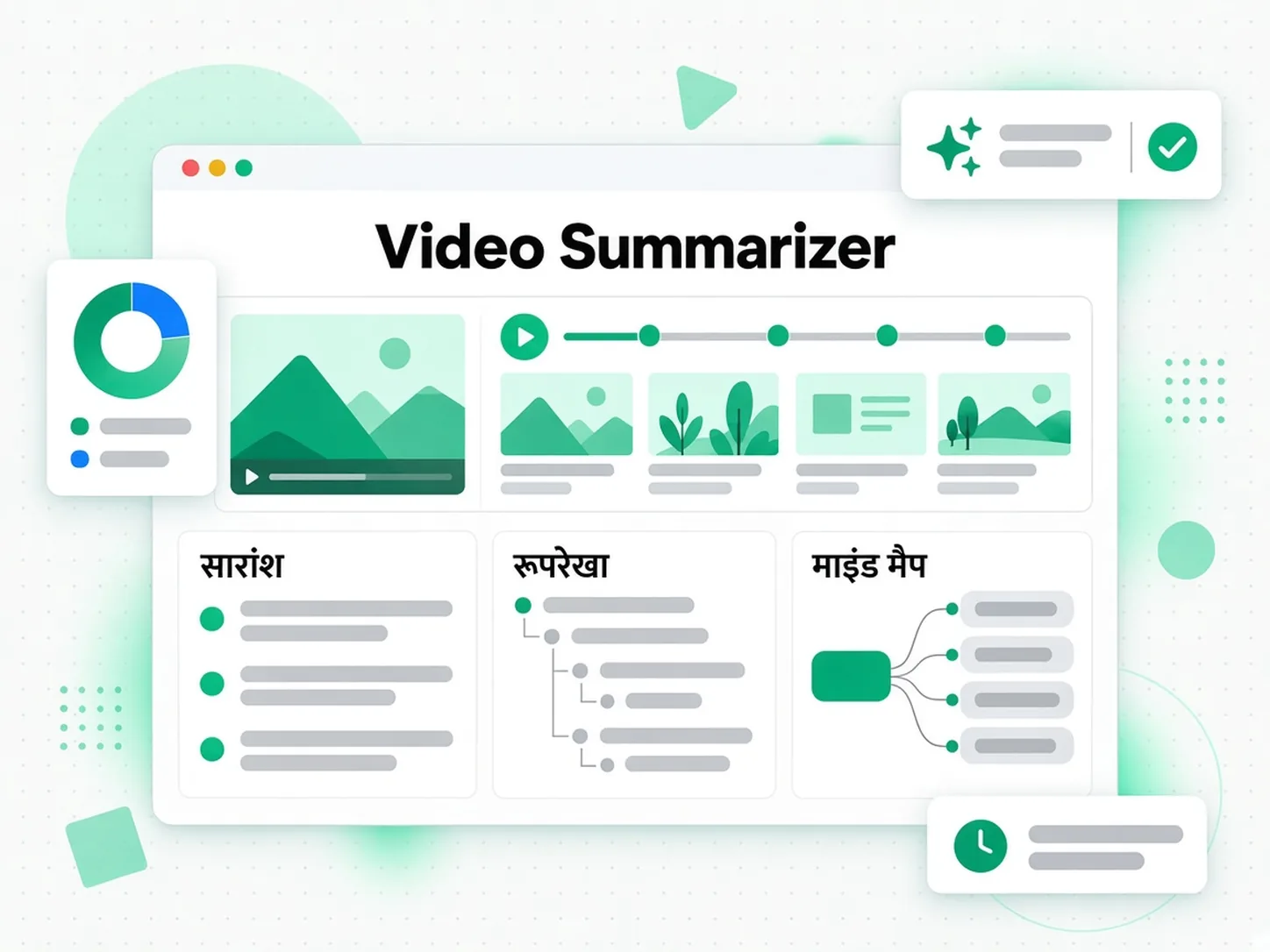 Video Summarizer: वीडियो ट्रांसक्रिप्ट से सारांश, आउटलाइन और माइंड मैप बनते हुए