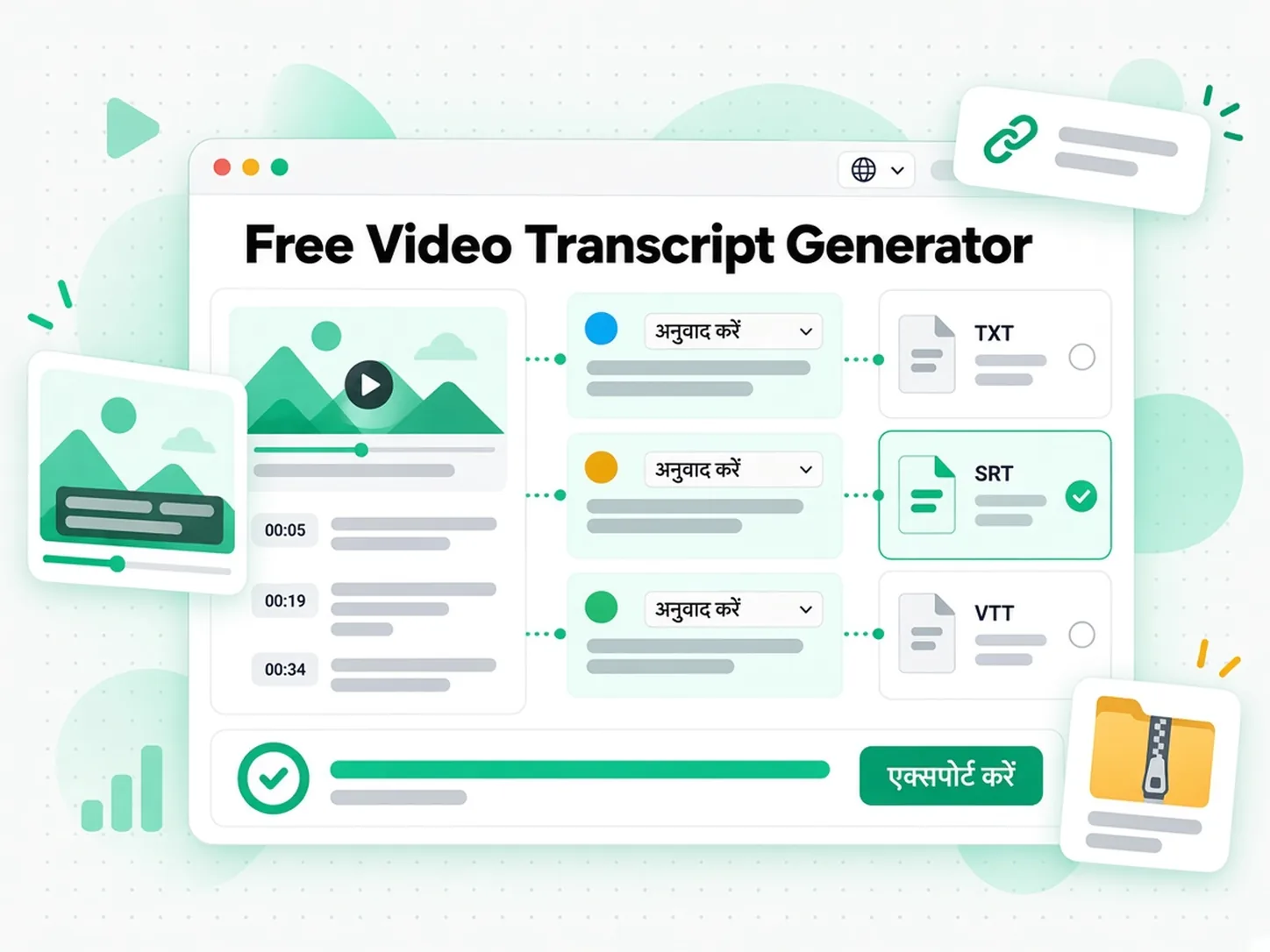 Free Video Transcript Generator: वीडियो ट्रांसक्रिप्ट को ट्रांसलेट करके एक्सपोर्ट करता हुआ