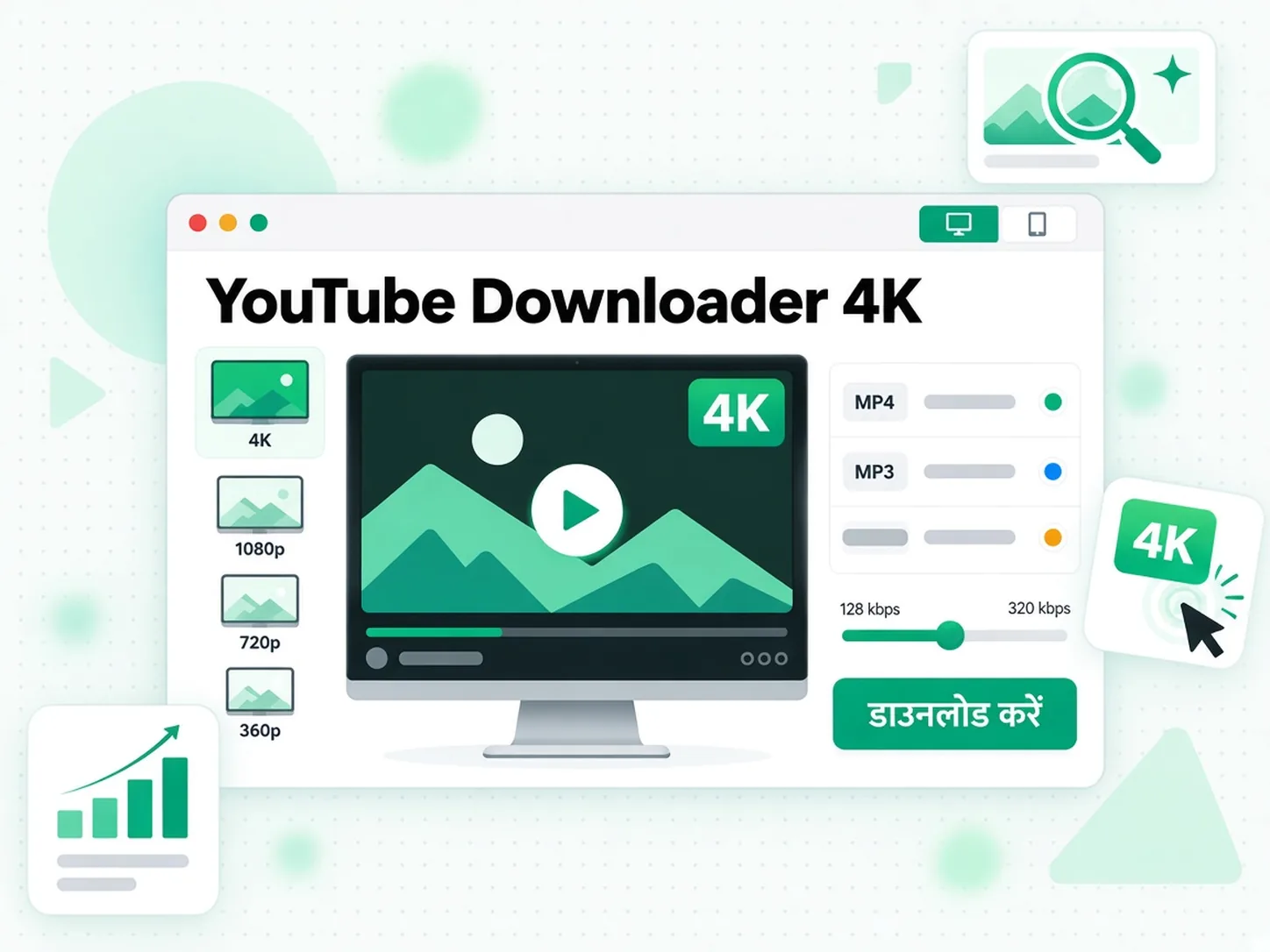 YouTube Downloader 4K: 360p से 1080p तक MP4 रेज़ोल्यूशन चिप्स की एक कतार