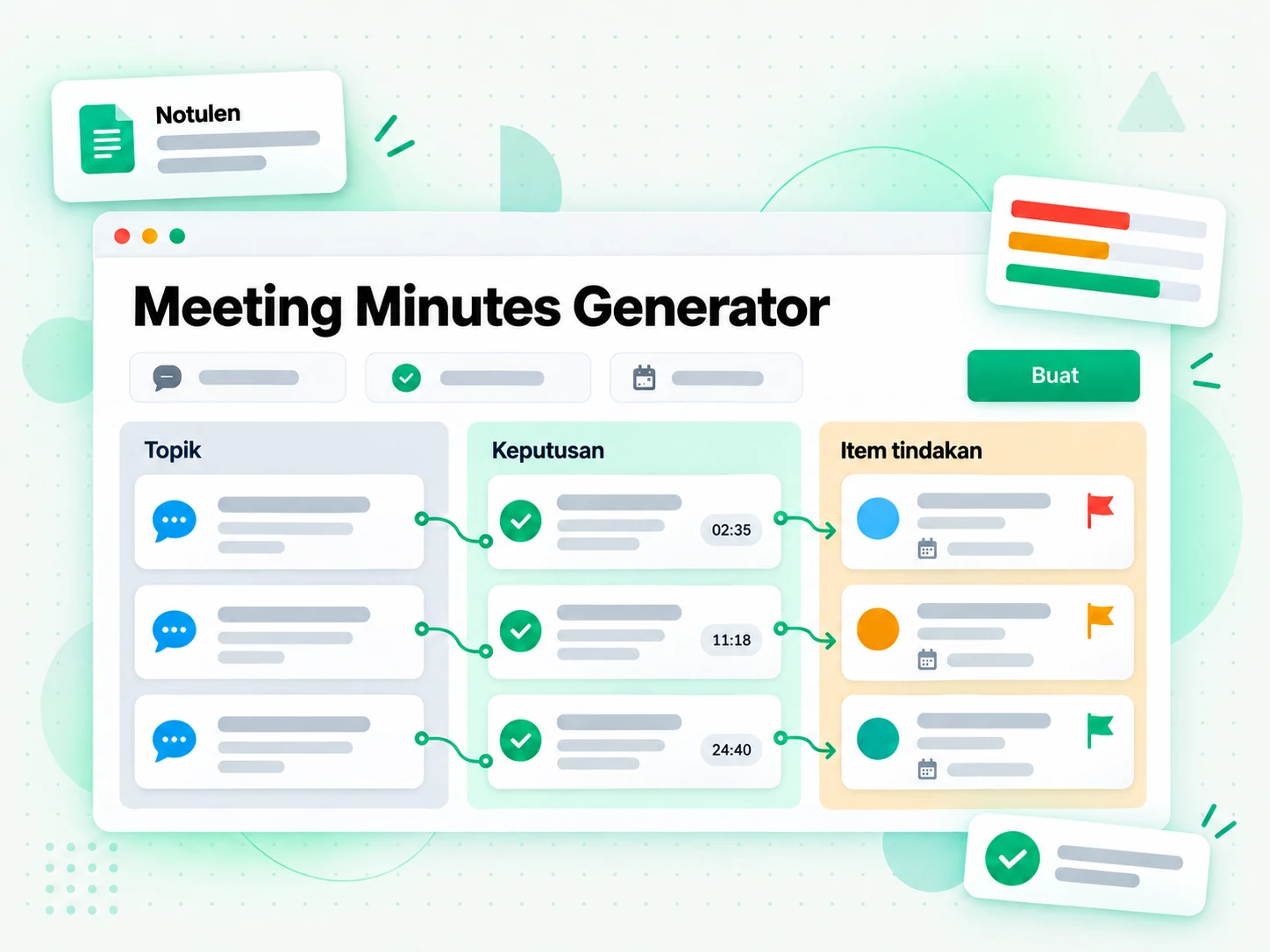 Meeting Minutes Generator mengekstrak keputusan dan tindak lanjut dari sebuah rekaman