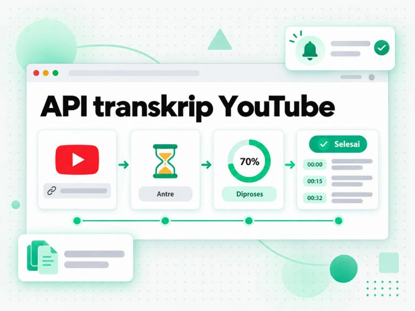 API transkrip YouTube: tautan YouTube bergerak dari antrean hingga transkrip selesai
