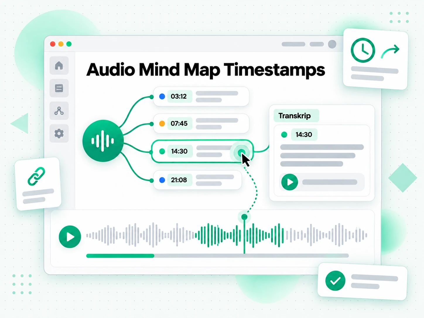 Audio Mind Map Timestamps: transkrip audio menjadi mind map bercabang dengan node stempel waktu yang bisa diklik