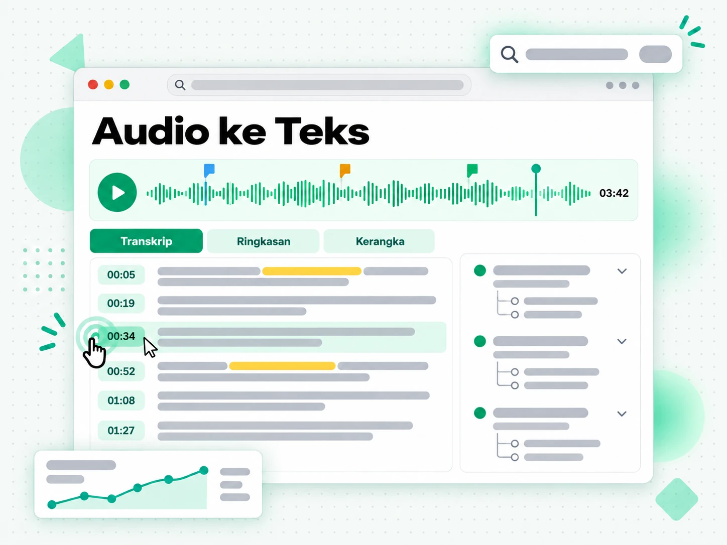 Audio ke Teks: ringkasan, kerangka, dan mind map dihasilkan dari sebuah transkrip audio